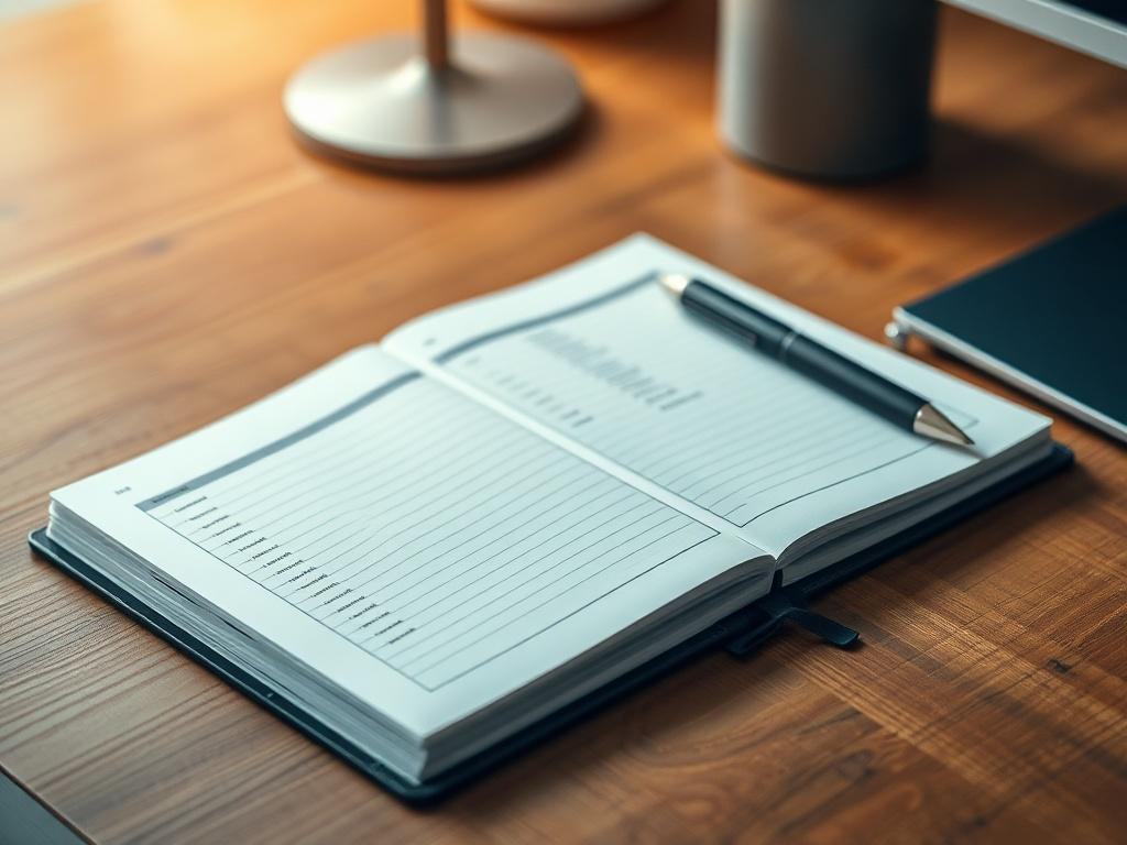 A realistic high-resolution photo of a sleek, modern monthly expense tracker notebook lying on a wooden desk. The notebook has an open page showing neatly written expense entries and a pen placed beside it. The background is softly blurred to keep the focus on the notebook, and the lighting is warm to create an inviting atmosphere.