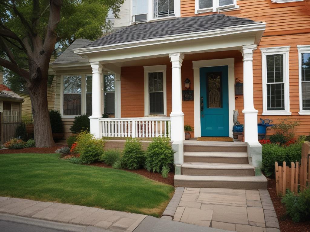 a stunningly painted house exterior, showcasing vibrant colors and textures, close-up shot of the front door and trim, beautifully landscaped yard in the foreground, hyper-realistic rendering, 45mm f/1.2 lens style