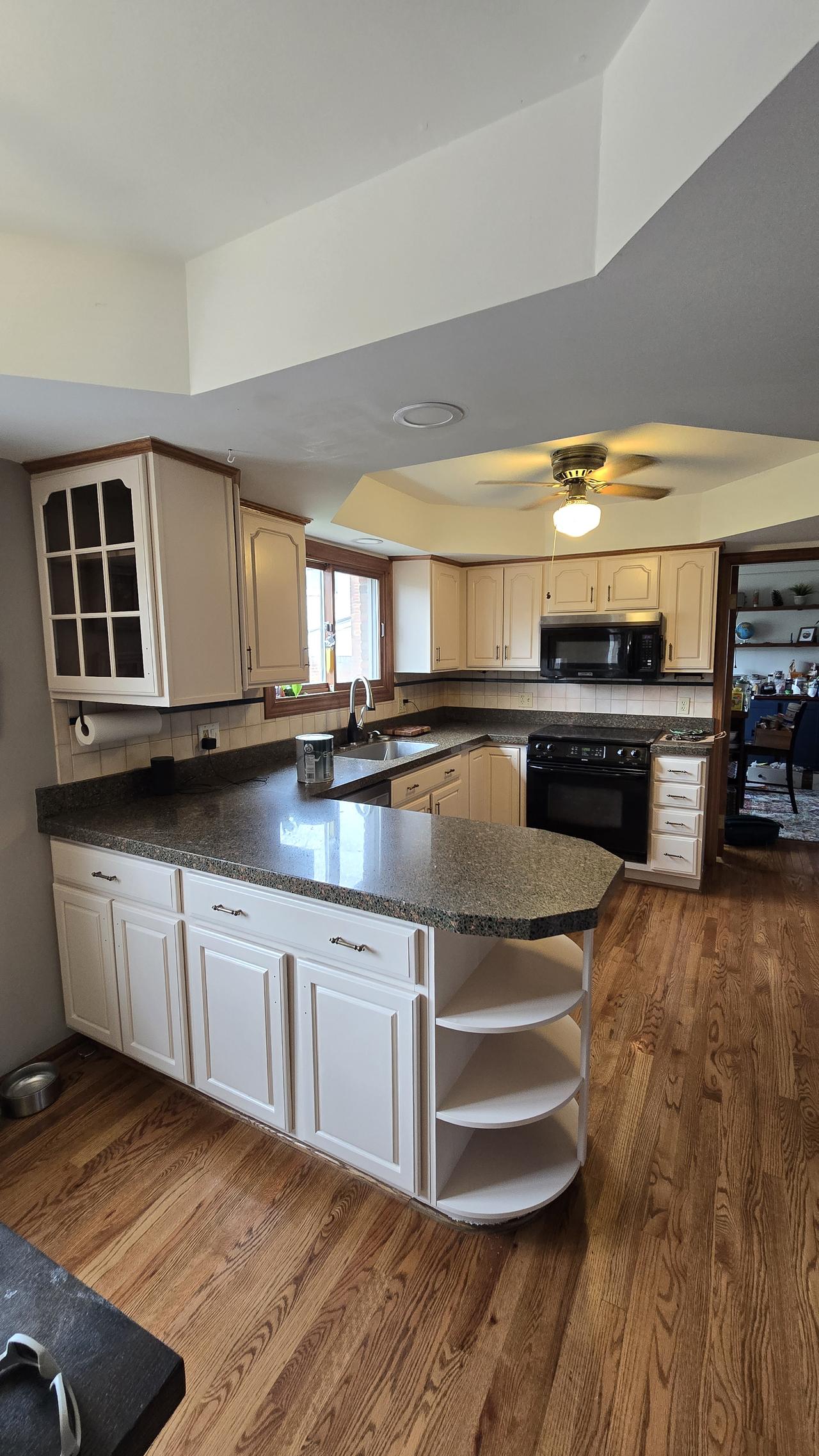 Completed cabinet refinishing project – modern white finish, Livonia MI
