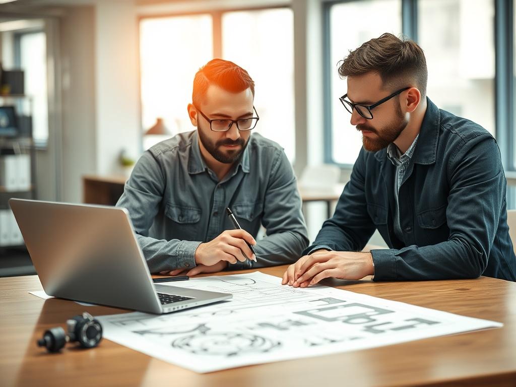A professional meeting scene with a focus on two engineers