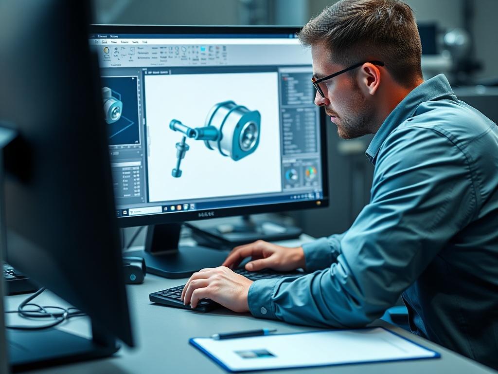 An engineer working on a computer with CAD software, designing