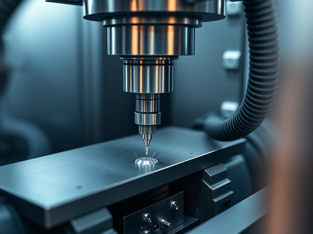 A realistic high-resolution photo showcasing a CNC milling machine in action, focusing on precision machining. The image should capture the intricate details of the machine's components and the precision of the cutting tool, with a blurred background that emphasizes the machine's functionality. The lighting should highlight the metal surfaces and machinery, creating a professional and industrial atmosphere. The composition should focus on the machine, ensuring clarity and detail.