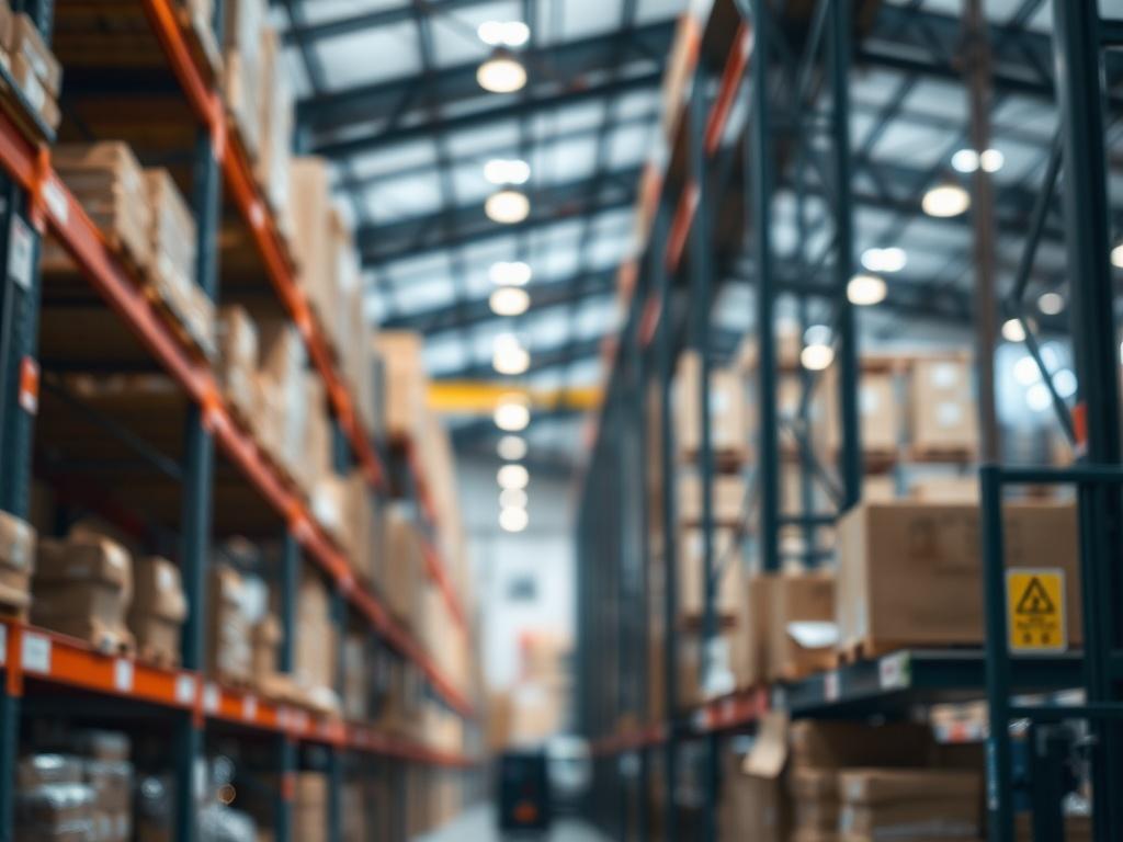 A close-up shot of a warehouse with automated inventory systems in action, showcasing efficiency and organization, against a blurred industrial background. The image should be hyper-realistic, shot with a 45mm f/1.2 lens.
