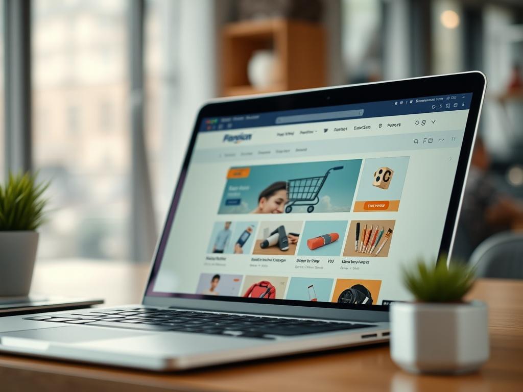 A close-up shot of an e-commerce website on a laptop with a shopping cart symbol and product images, set against a modern workspace background. The image should be hyper-realistic, shot with a 45mm f/1.2 lens.