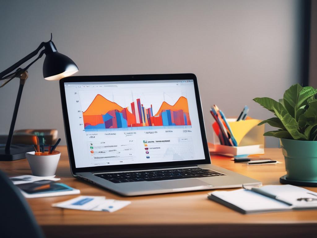 A close-up shot of a vibrant, modern workspace showcasing a laptop with colorful charts and graphs on the screen, symbolizing business growth and revenue generation. The desk is adorned with a stylish notebook, a cup of coffee, and a potted plant, creating a productive and inspiring atmosphere. The background is blurred to emphasize the laptop and charts. The overall color scheme incorporates the primary color #CFB07C, lending a warm and inviting feel to the image.