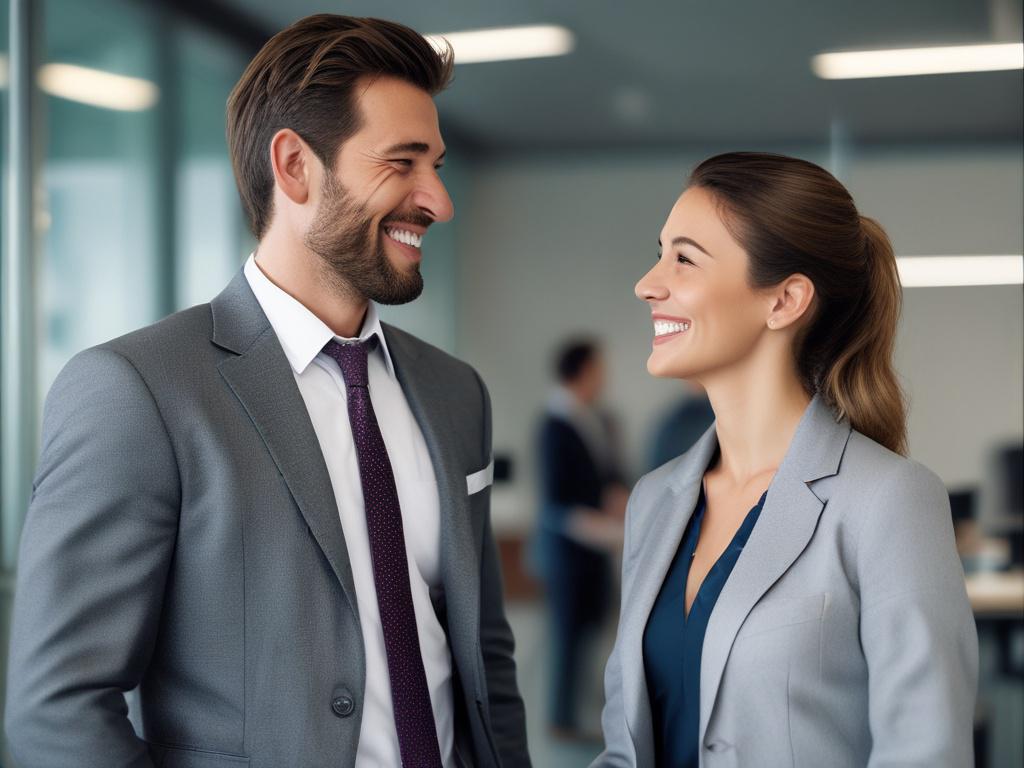 A close-up shot of two business people in a modern office setting, both smiling and looking at each other with expressions of satisfaction and achievement. The background should be a blurred view of a stylish office with contemporary furniture and a hint of greenery. The focus should be on their engaging conversation, showcasing a sense of collaboration and success, captured with a 45mm f/1.2 lens style. The overall color scheme should harmonize with the primary color #CFB07C.