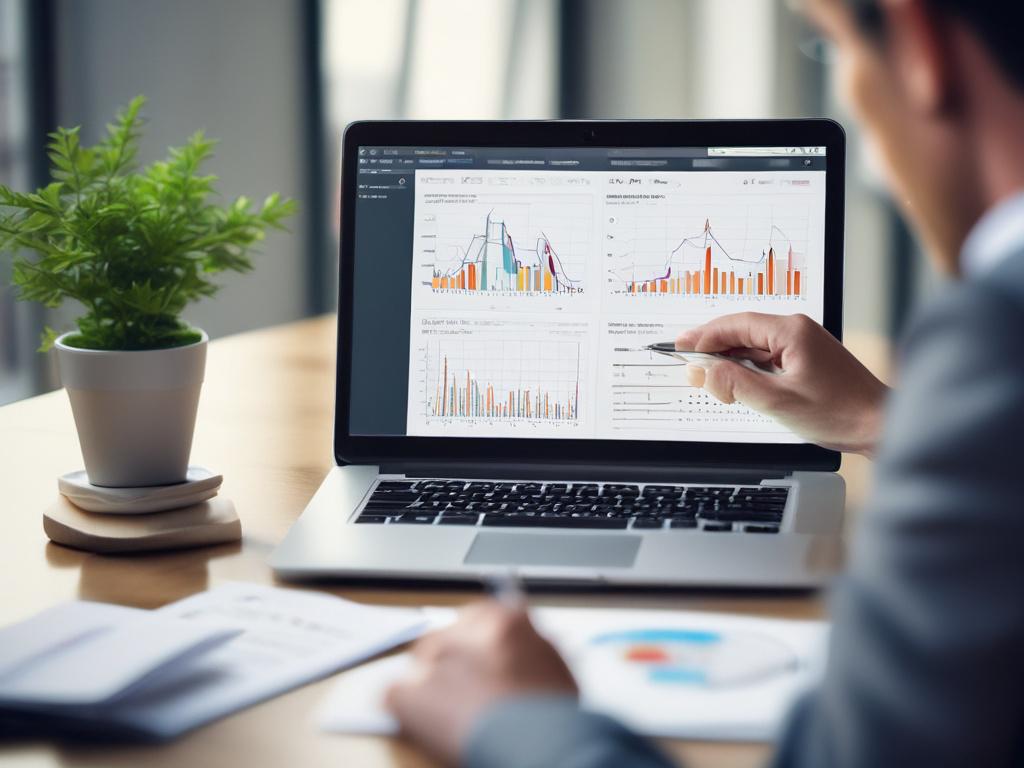 A close-up shot of a confident business consultant discussing strategies with a client, showcasing a laptop open with charts and graphs reflecting growth in revenue. The consultant is pointing at the screen, highlighting key areas. The background is a modern and minimalistic office environment, with soft natural light illuminating the scene, creating a professional and inviting atmosphere. The color scheme incorporates shades of #CFB07C to enhance brand identity.