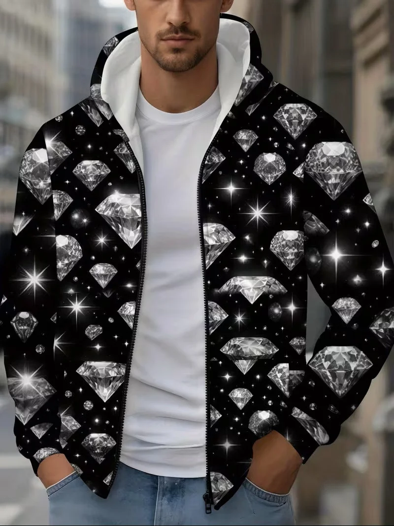 Men's Diamond Print Zip-Up Hoodie