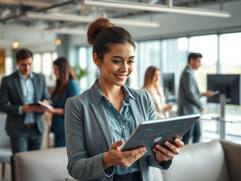 **Prompt for AI Image Generator:**

Create a realistic high-resolution photo that embodies the theme "Transforming the Life Insurance Industry." Focus on a close-up shot of a diverse group of financial professionals collaborating over digital devices, showcasing a vibrant atmosphere of innovation and teamwork. The main subject should be a confident and engaged female financial advisor, portrayed mid-discussion, enthusiastically pointing at a tablet displaying insurance solutions. 

The background should fea