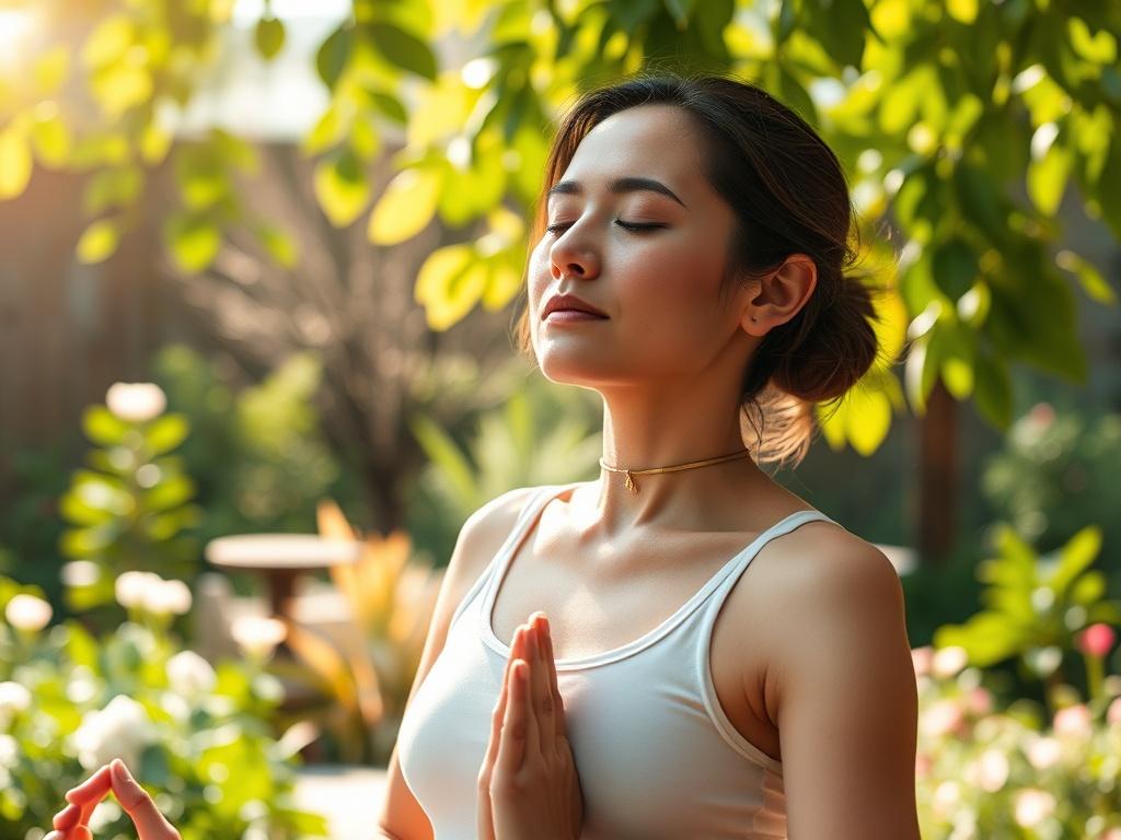 Create a realistic high-resolution photo that embodies the theme of "Holistic Approaches to Stress Relief." The composition should be simple and clear, featuring a single subject: a serene woman practicing yoga in a tranquil outdoor setting. The woman should be depicted in a meditative pose with her eyes closed, exuding calmness and balance. 

The background should showcase a lush green garden, filled with gentle sunlight filtering through leaves, providing a peaceful ambiance. Soft, natural colors should d