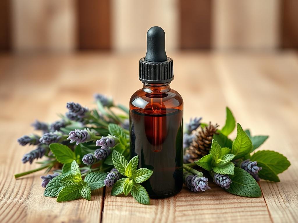 Create a realistic high-resolution photo focusing on a single, beautifully arranged bottle of essential oil, prominently displayed in the center of the frame. The bottle should have a sleek and elegant design, made of dark amber glass with a dropper top. Surround the bottle with fresh herbs such as lavender, rosemary, and peppermint, neatly laid out to evoke a sense of natural healing. 

The background should be softly blurred, featuring a gently lit wooden surface that creates a warm and inviting atmospher