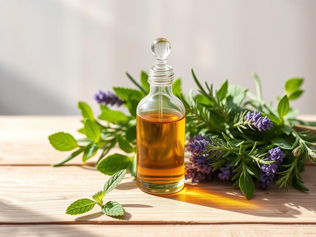 Create a realistic high-resolution photo featuring a single beautifully arranged glass bottle of essential oil, set on a clean, textured wooden surface. The bottle should be elegantly shaped, with a dropper cap, and filled with a vibrant, golden liquid, capturing the essence of essential oils. Surround the bottle with fresh green herbs such as mint, rosemary, and lavender, adding pops of color and a natural feel to the composition. The background should be softly blurred, showcasing hints of soft pastel colors that evoke a sense of calm and wellness without distracting from the main subject. Sunlight should gently filter through, creating warm highlights on the bottle and herbs, enhancing the inviting atmosphere. The image should reflect the theme of "Harnessing the Power of Essential Oils" and convey the message of discovering how essential oils can enhance your wellness journey.