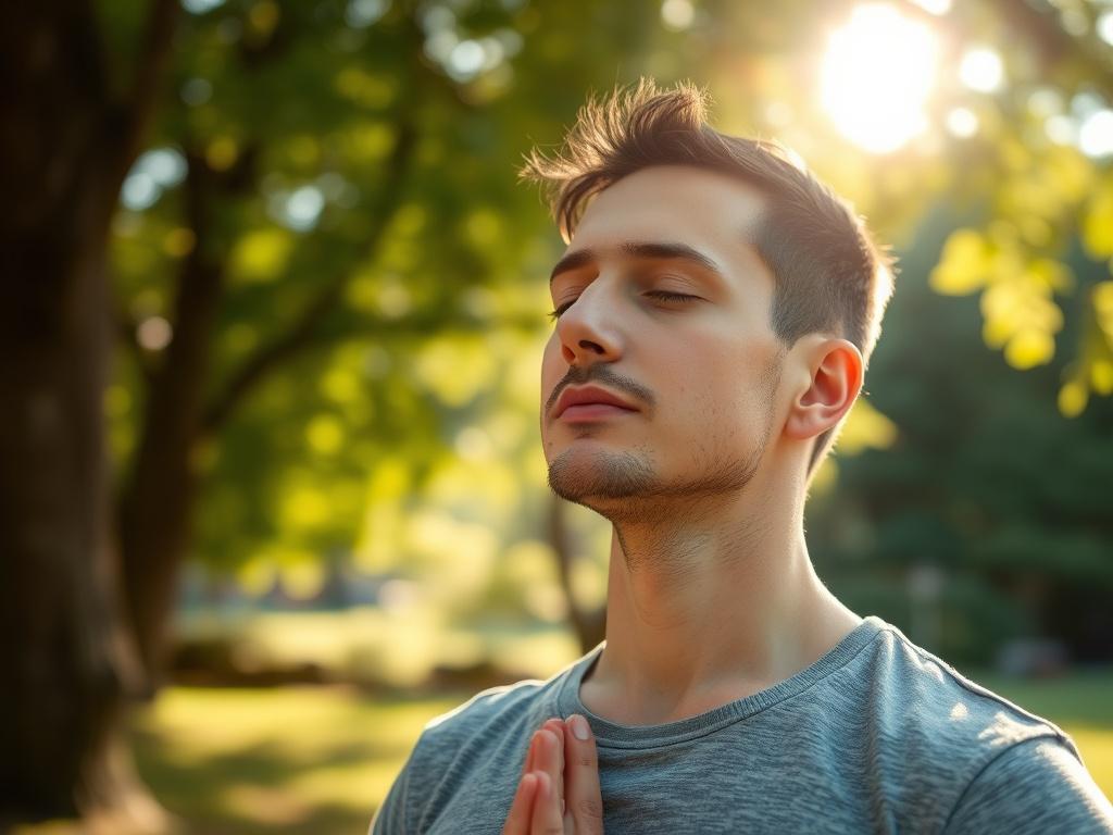A calm individual practicing breathing exercises in a peaceful outdoor setting, surrounded by nature. Soft sunlight filters through the trees, creating a warm and inviting atmosphere. Shot with a 45mm f/1.2 lens to focus on the person's serene expression.