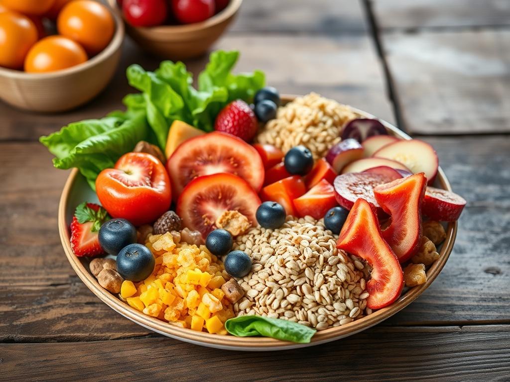A beautifully arranged plate of colorful, healthy foods including fruits, vegetables, and whole grains on a rustic wooden table. The vibrant colors of the food contrast with the simple background, emphasizing a healthy lifestyle. Shot with a 45mm f/1.2 lens to highlight the textures of the food.