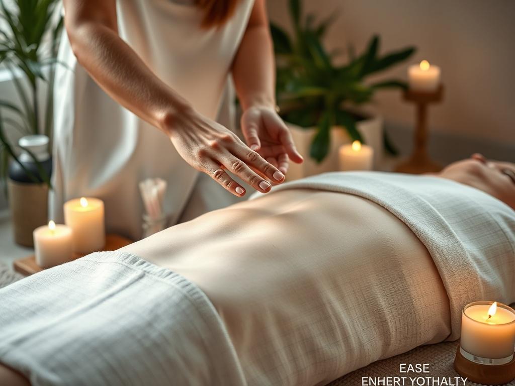 An energy healing session in progress, featuring a practitioner gently placing hands over a client's body, surrounded by calming crystals and candles. Soft light filters through the room, creating a peaceful and nurturing atmosphere. The background subtly showcases plants, enhancing the serene environment.