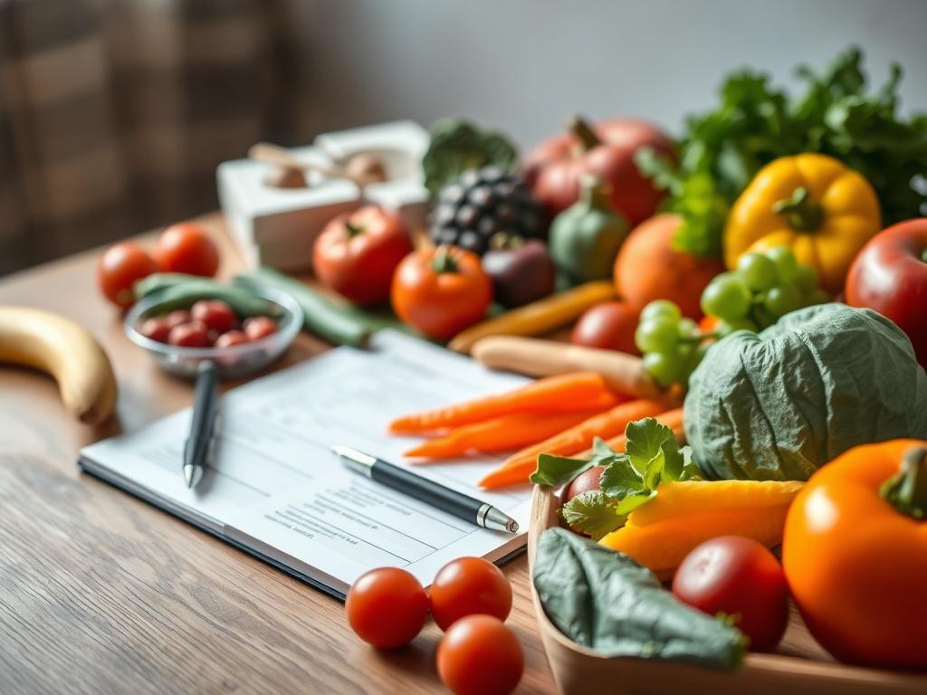 Close-up shot of a nutrition consultation setup, featuring a diverse spread of fresh fruits and vegetables on a wooden table. A notebook and pen are present, indicating a personalized nutrition plan being discussed. The background is softly blurred, highlighting the vibrant colors of the produce, creating a warm and inviting atmosphere.