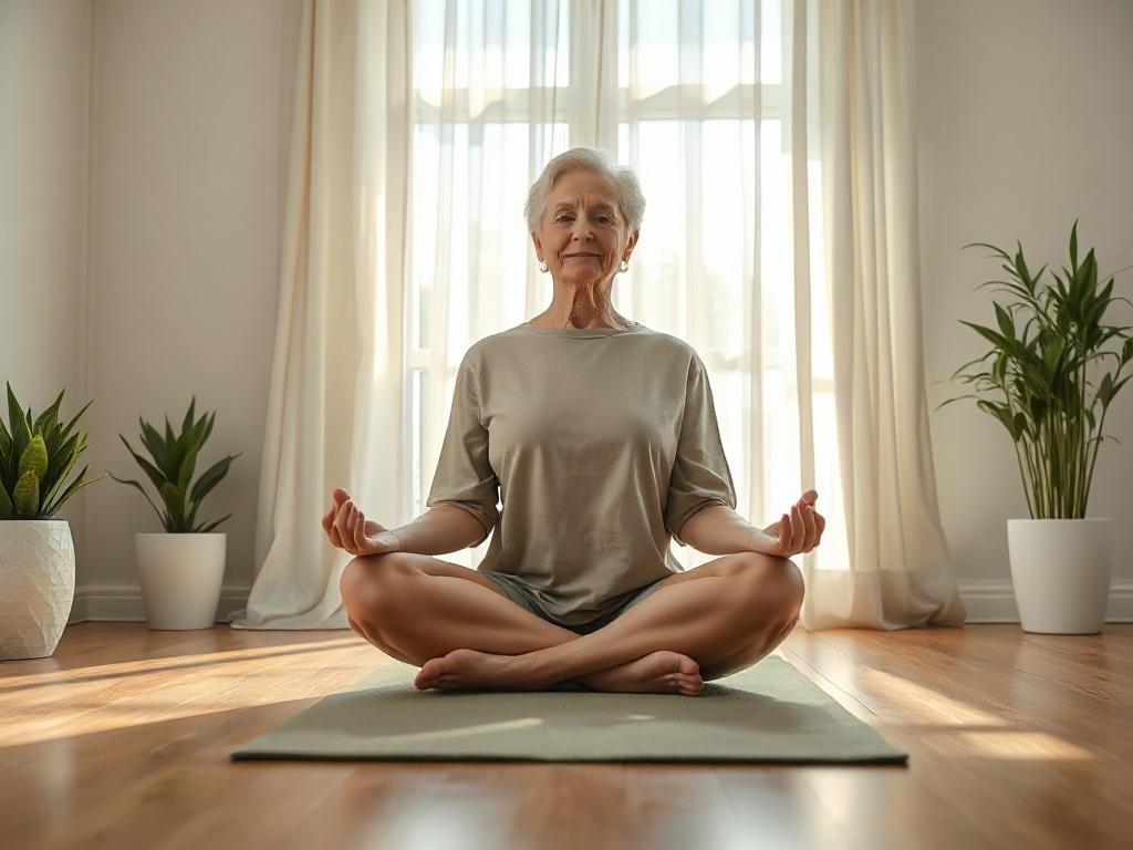 Create a realistic high-resolution photo that captures the essence of mindfulness in daily life. The composition should be simple and clear, focusing on a single subject: a serene individual sitting cross-legged on a comfortable yoga mat in a peaceful, sunlit room. The individual, a middle-aged woman with a relaxed expression, is practicing a mindful meditation pose with her hands gently resting on her knees. 

The background should feature soft, natural elements—a window with sheer white curtains allowing 