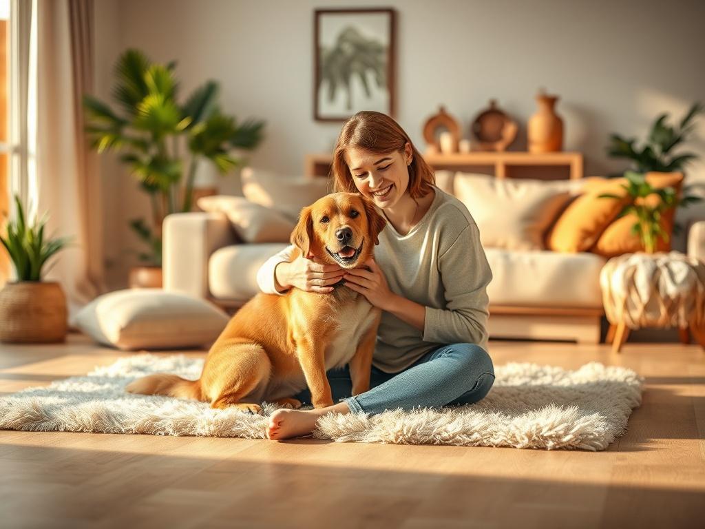 A cozy scene featuring a loving pet owner sitting on
