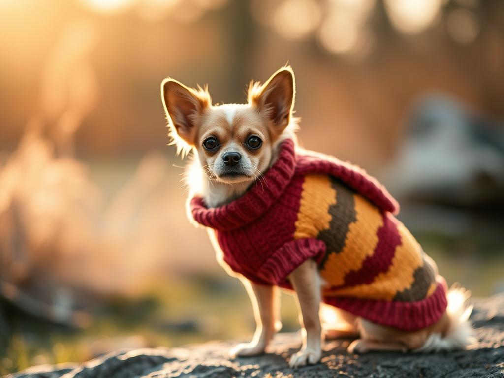 A close up shot of a stylish pet sweater displayed