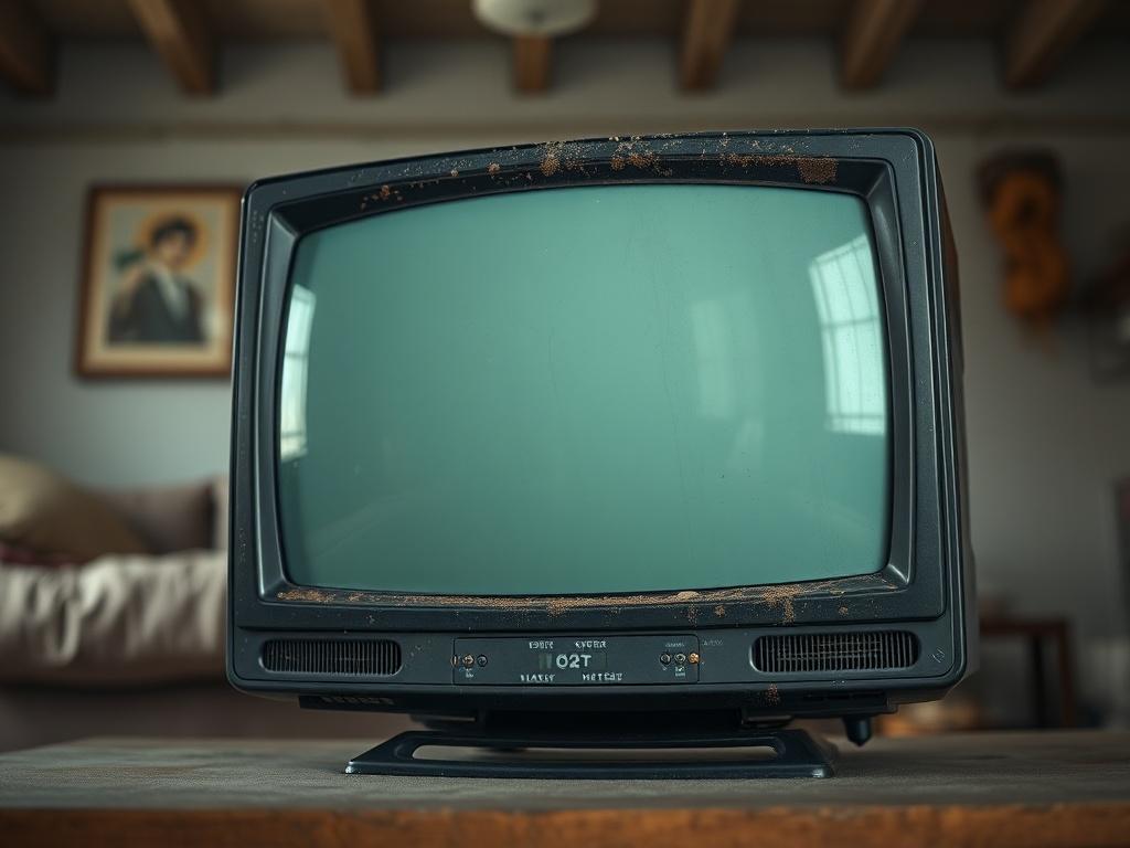 **Prompt for AI Image Generation:**

Create a realistic high-resolution close-up photo of an old CRT television set, focusing on an isolated, dusty tube TV positioned prominently in the center of the frame. The TV should show signs of age, with visible scratches and dust particles clinging to its surface, highlighting its need for recycling. In the background, subtly include a blurred, domestic setting that suggests a living room or garage, ensuring it does not detract attention from the TV itself. The ligh
