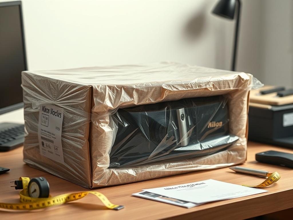 **AI Image Generation Prompt:**

Create a realistic, high-resolution close-up photo focusing on a single subject: a well-packed, high-value electronics item, specifically a Nikon scanner, nestled securely in its packaging. The packaging should be robust, showcasing layers of protective materials like bubble wrap and foam insertions, and prominently feature the scanner itself (with no visible brand logos) partially unwrapped. 

The background should be a simple, neutral workspace, such as an office desk with