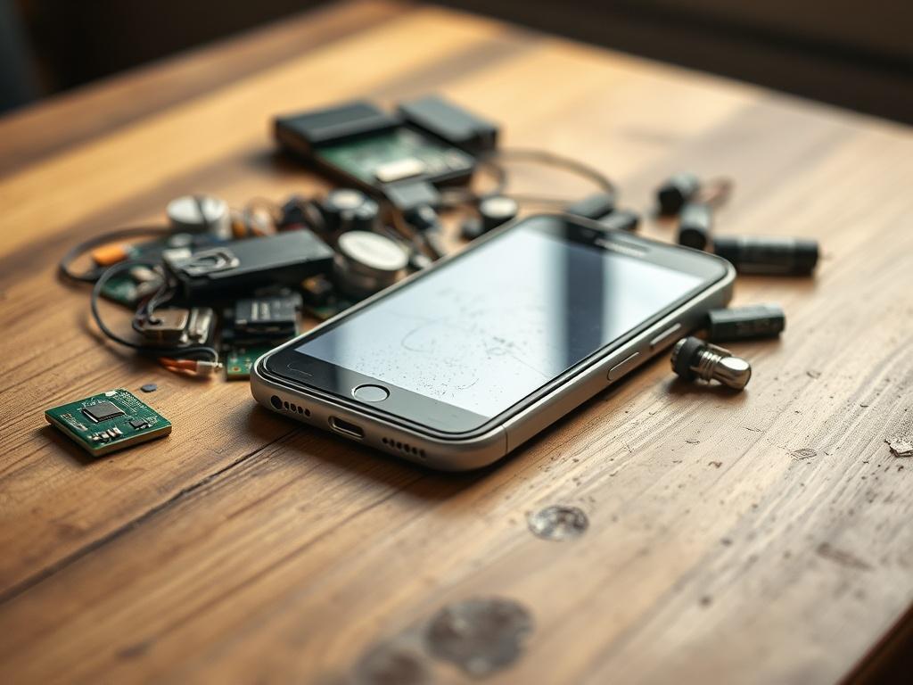 Create a realistic high-resolution photo featuring a close-up of a single, well-worn electronic device, such as an old smartphone or laptop, lying on a wooden table. The device should show subtle signs of age, like scratches and smudges, to emphasize its previous use. Surround the device with a small spread of circuit boards, batteries, and other electronic components, hinting at the complexity and variety of e-waste.

The background should be softly blurred to keep the focus on the electronic device, while