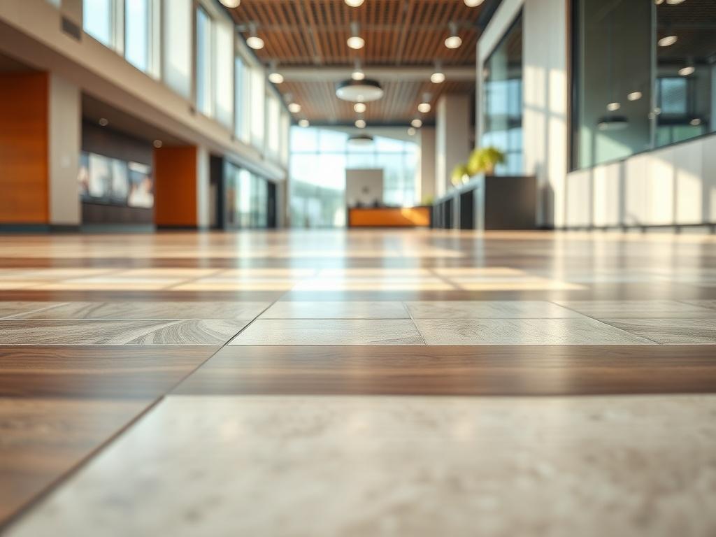 A hyper-realistic close-up shot of a beautifully installed commercial flooring surface, showcasing intricate details and textures. The flooring should have a modern, polished look, reflecting a variety of materials like wood, tile, and carpet. The background should be simple and uncluttered, emphasizing the elegance of the flooring. The lighting should be soft and natural, creating a warm atmosphere.