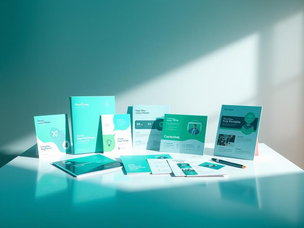 A sleek and modern composition featuring a high-resolution image of a professional sales and marketing kit displayed on a clean white surface. The kit includes various marketing materials like brochures, flyers, and digital templates, all in vibrant teal and green hues. The background is softly lit, creating an immersive ambiance that highlights the professionalism and creativity of the kit. Focus on the kit's contents, ensuring a clear and appealing presentation.