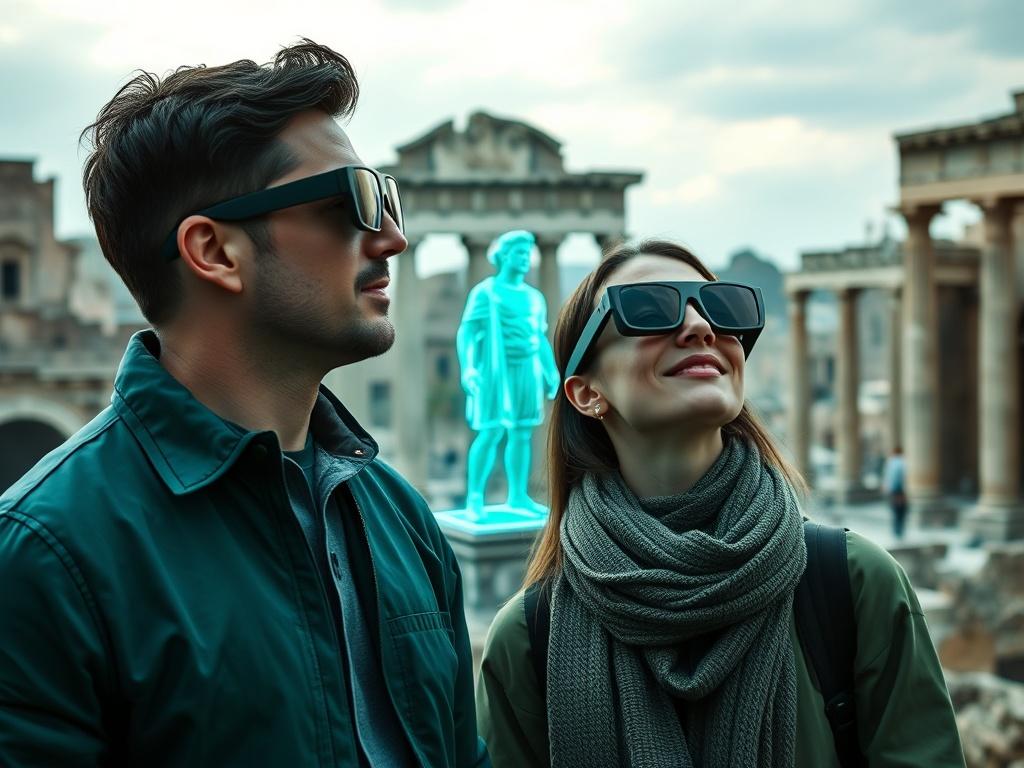 Create a realistic high-resolution photo of two people at Pompeii, wearing small, high-tech AR sunglasses. They are engaged and looking around, with a clear view of a 3D holographic Roman historical figure projected in their surroundings. The scene captures the ancient ruins of Pompeii in the background, showcasing the contrast between the historical site and the modern technology. The atmosphere should feel cultural, immersive, and premium, with soft lighting enhancing the experience.