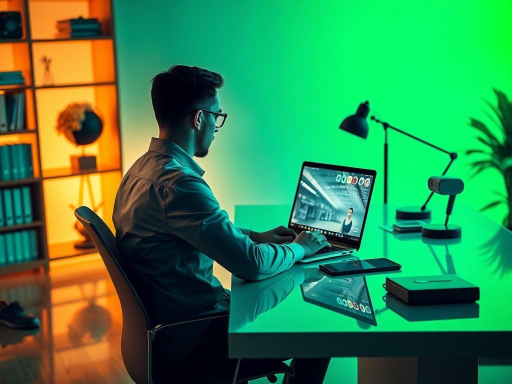 A professional, high-resolution image of a person sitting at a sleek, modern desk, focused on their laptop screen while using the Tourbuilder application to create an Augmented Reality experience. The background features a softly lit, sophisticated workspace with elements of technology and culture, like books and AR devices, to convey a sense of innovation. The color palette includes vibrant teal and green hues to align with branding.