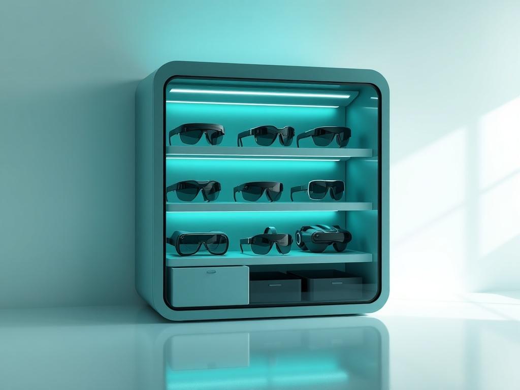 A sleek, modern storage system designed specifically for smartglasses and headsets used in augmented reality experiences for tourists. The storage unit should be neatly organized, showcasing various high-tech smartglasses and headsets displayed on shelves. The background should be minimalistic with soft lighting to enhance the futuristic feel, and the color palette should include vibrant teal and green hues that align with AugmentifyAR's branding. The composition should focus on the storage system as the ma