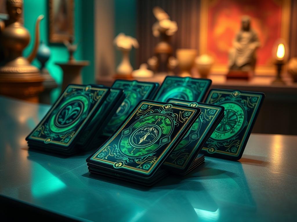 A visually appealing set of AR collectible cards displayed on a sleek surface, with vibrant colors and intricate designs. The background shows hints of cultural elements, such as artifacts or artworks, to emphasize the connection between the cards and the stories they unlock.