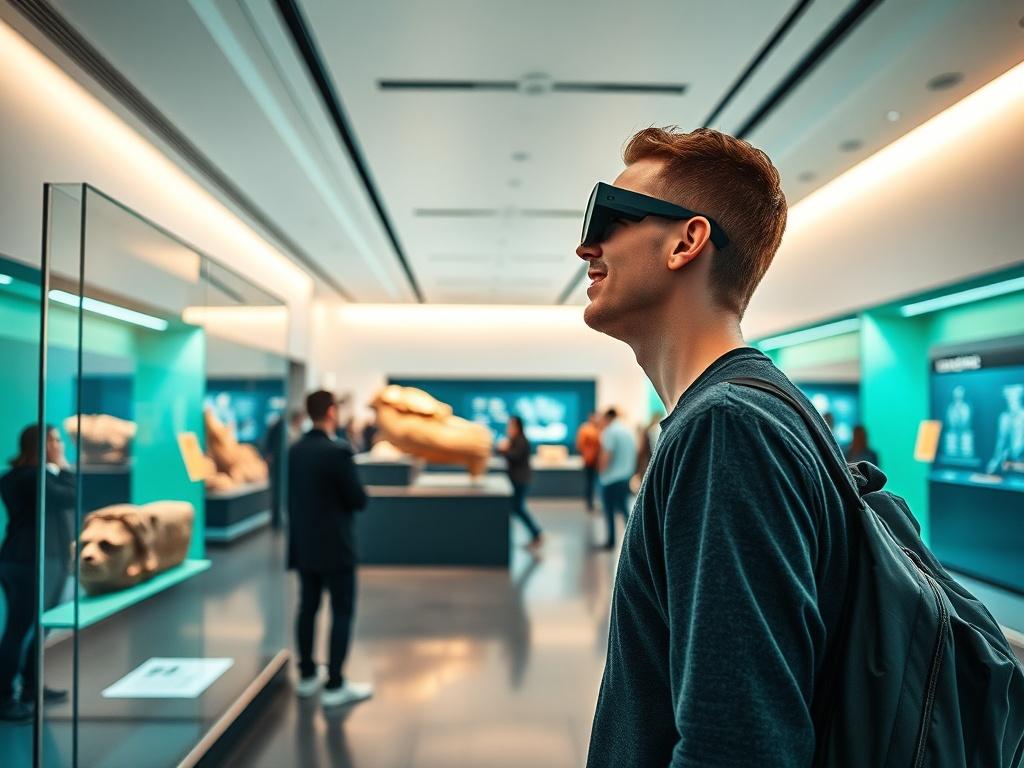 A modern museum exhibit featuring a visitor interacting with an