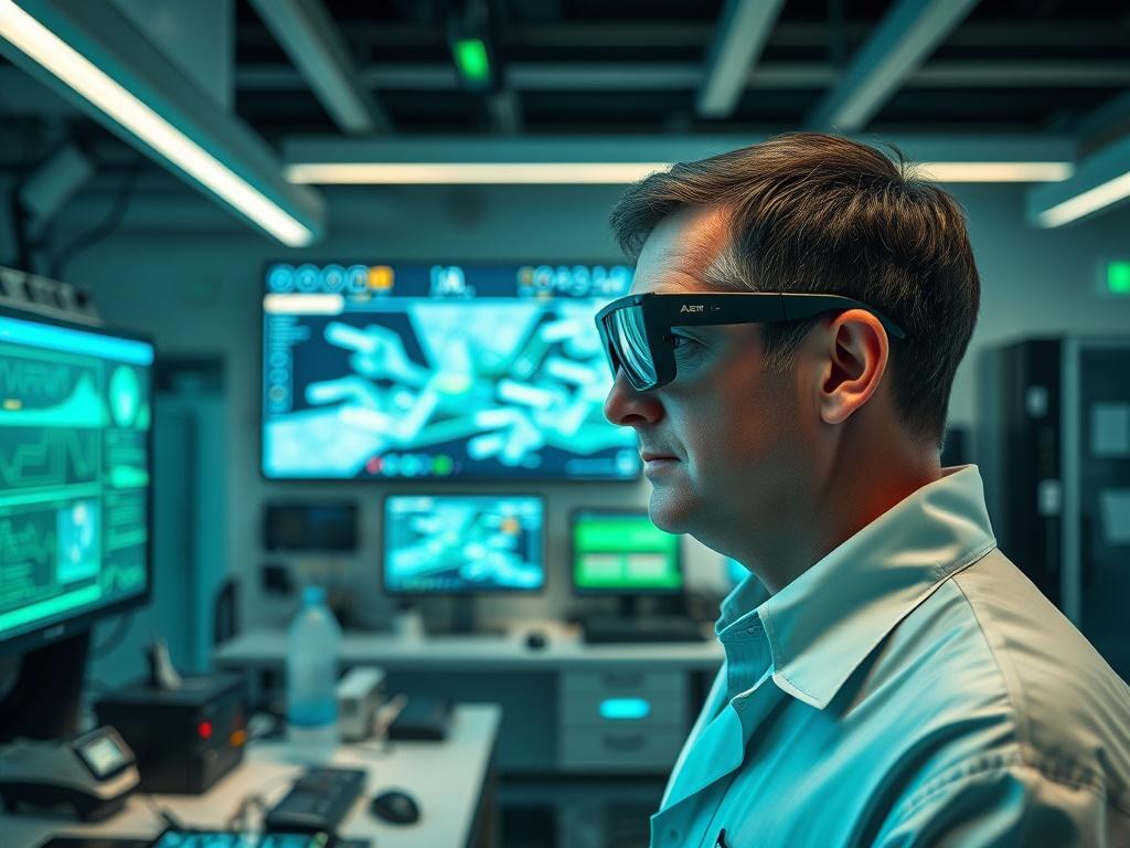 A realistic high-resolution photo of an engineer testing Smartglasses in a modern tech lab. The engineer, a middle-aged male with short dark hair, is wearing the Smartglasses and interacting with an Augmented Reality experience displayed in front of him. The background features high-tech equipment, screens displaying AR visuals, and a clean, sleek aesthetic with teal and green color accents. Soft lighting enhances the sophisticated ambiance of the lab.