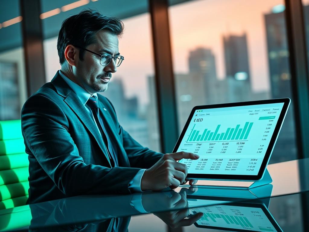 A CEO in a modern office environment looking intently at a Profit and Loss (P&L) statement displayed on a sleek tablet. The CEO is dressed in business attire, with a confident expression, sitting at a stylish desk. The background features large windows with a city view, and the ambiance is bright and professional. The P&L statement shows clear graphs and numbers indicating strong profit, with vibrant teal and green hues enhancing the overall aesthetic.