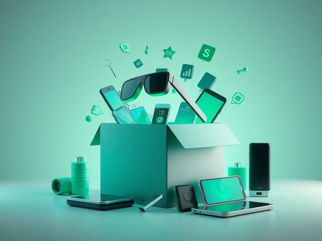 A sleek, clean aesthetic image featuring a high-resolution depiction of an Augmented Reality Franchise Business in a Box. The image should showcase a well-designed, compact box that symbolizes a franchise business, with elements representing Augmented Reality, like smartglasses, AR mobile devices, and interactive elements spilling out of the box. The background should be simple and professional, with soft lighting to enhance the vibrant teal and green hues of the products. The overall composition should con