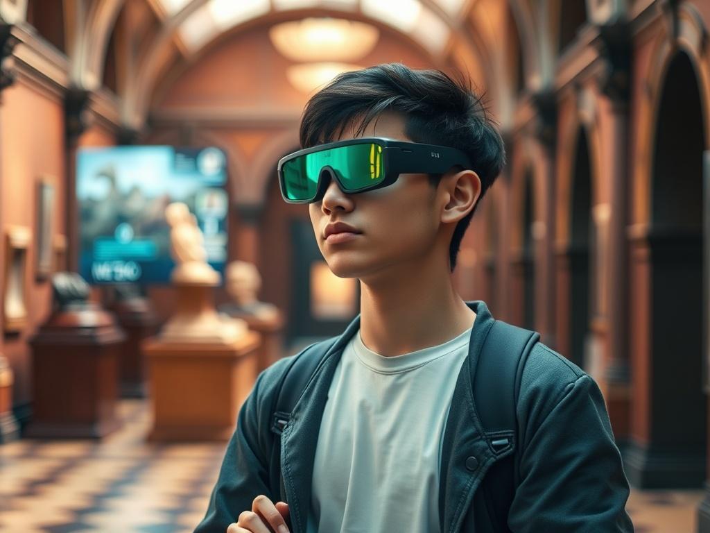 Create a realistic high-resolution photo featuring a single individual standing in a vibrant, cultural environment, such as a museum or historic site. The subject is wearing sleek, modern Augmented Reality smartglasses that resemble stylish sunglasses, seamlessly blending technology with contemporary fashion. 

The person, a confident young adult, gazes thoughtfully at an augmented reality display, held in a natural, engaging stance, showcasing curiosity and fascination. The background should be softly blur