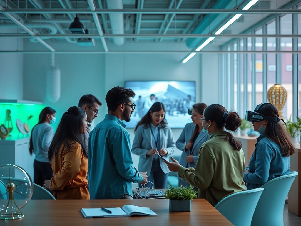 A high-resolution image depicting a diverse group of people engaged in a training session at a modern facility. The setting should include AR technology in use, with participants actively interacting with the content. The atmosphere should feel bright and welcoming, showcasing a blend of cultural artifacts and technology, with soft teal and green lighting to create an immersive ambiance.