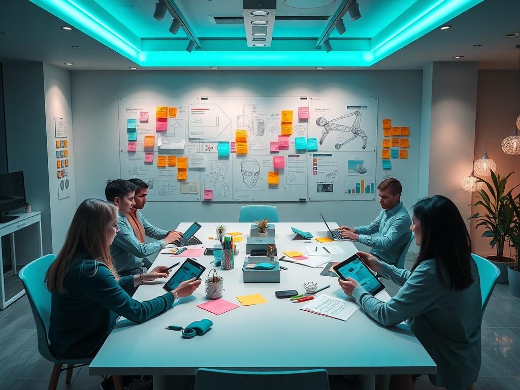A creative workspace with team members brainstorming around a large table, surrounded by AR design sketches and tablets. The atmosphere is vibrant and collaborative, with colorful post-it notes and concept boards showcasing ideas. Soft lighting adds an inviting touch.