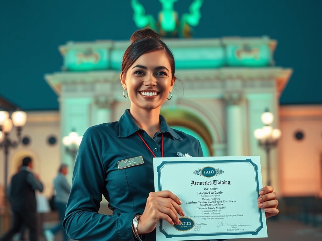 A tour guide standing proudly in front of a beautiful historical landmark, holding their certificate for Augmented Reality Training. The guide is wearing a stylish uniform with a name badge, and they are smiling broadly. The background features a soft-focus view of the landmark, with vibrant teal and green hues enhancing the scene. The lighting is soft and inviting, creating an immersive and celebratory atmosphere.