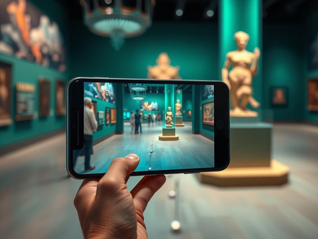 A close-up of a smartphone displaying an engaging augmented reality experience in a museum setting. The screen showcases vibrant AR visuals that enhance the physical exhibit in the background. The environment should feel lively and interactive, encouraging visitor participation.