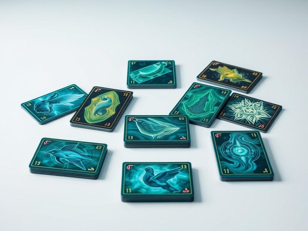 A sleek and modern display of AR Collectible Cards arranged on a clean white surface. Each card features vibrant colors and intricate designs hinting at the unique AR scenes they unlock. The background should be softly lit, showcasing the cards' detail while maintaining a sophisticated, immersive ambiance.