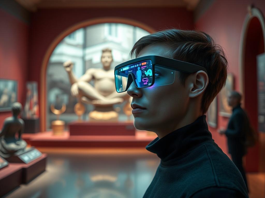 A person wearing sleek smartglasses, standing in a museum environment. The background features stunning artifacts and exhibits, while the smartglasses display vibrant AR overlays, illustrating the enhanced storytelling experience. The setting should be well-lit, emphasizing the blend of technology and culture.