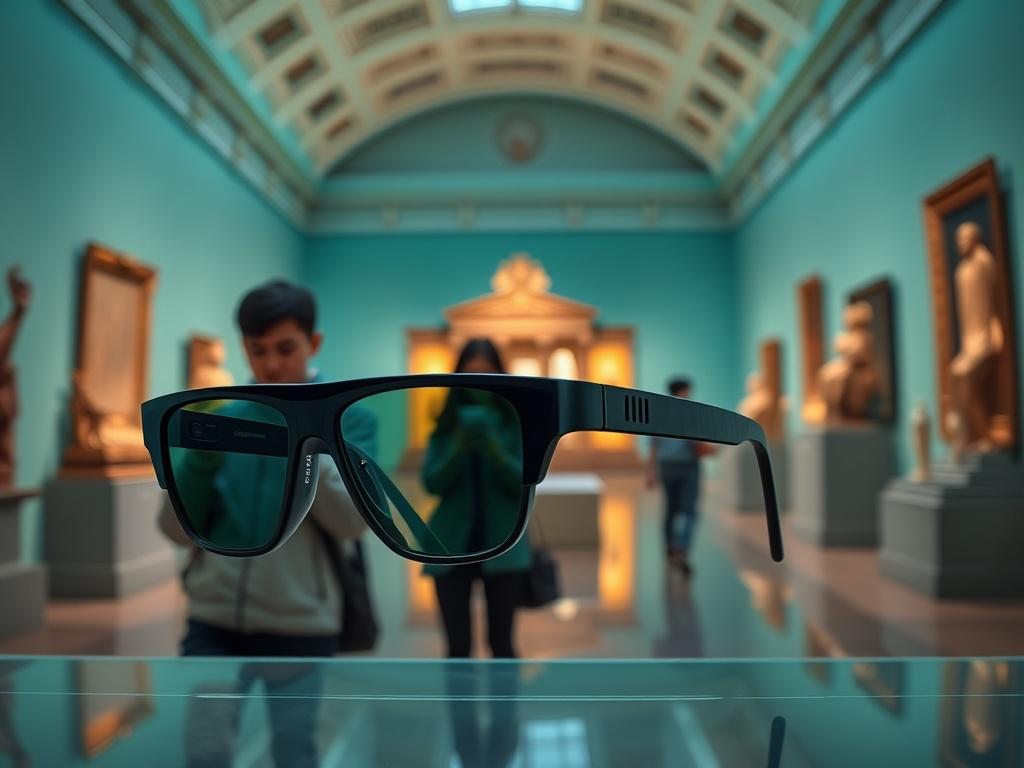 A sleek, modern smartglasses resembling SNAP Spectacles, displayed prominently. In the background, a visitor is engaged with their smartphone, utilizing an AR experience. The setting is a cultural museum, with soft lighting highlighting the artifacts around. The overall ambiance is modern and premium, showcasing the intersection of technology and culture.