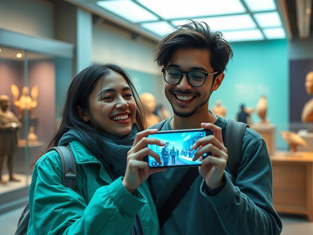 A visitor joyfully using a smartphone to engage with an AR experience in a cultural setting. The background features artifacts and exhibits, with soft lighting that enhances the modern, premium feel of the space. The smartphone screen shows a vibrant AR scene, blending seamlessly with the physical environment.