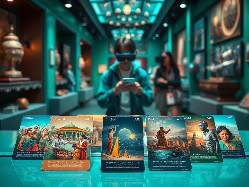 A collection of vibrant AR collectible cards displayed artistically, each showcasing different cultural themes. In the background, a visitor can be seen interacting with a smartphone or smartglasses, immersed in an AR experience. The setting is rich with cultural artifacts, creating a modern, premium atmosphere.