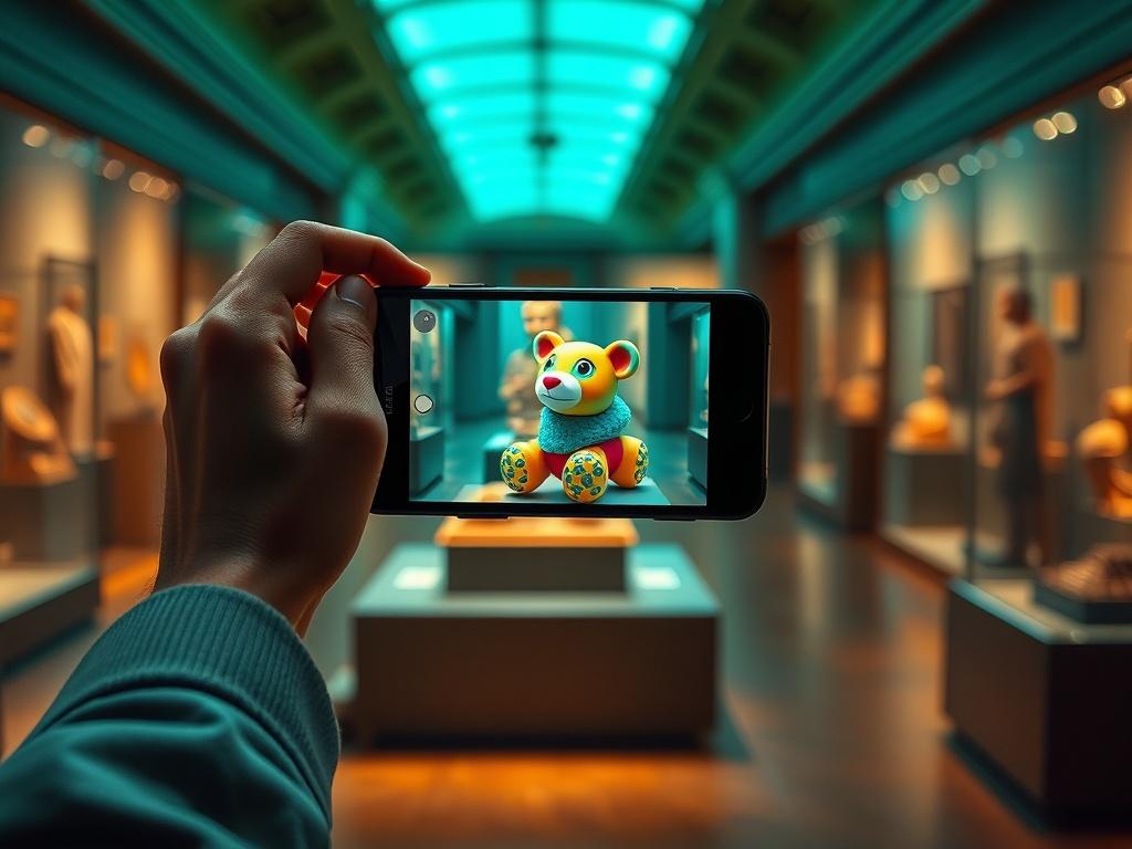 A visitor standing in a museum, holding a mobile device at arm's length, scanning an AR card. The screen of the mobile device displays a vibrant 3D augmented reality image of a colorful toy, with intricate details visible. The background features a softly lit museum exhibit, showcasing artifacts on display, enhancing the immersive experience. The overall ambiance is sophisticated and engaging, with a focus on the interaction between the visitor and the technology.