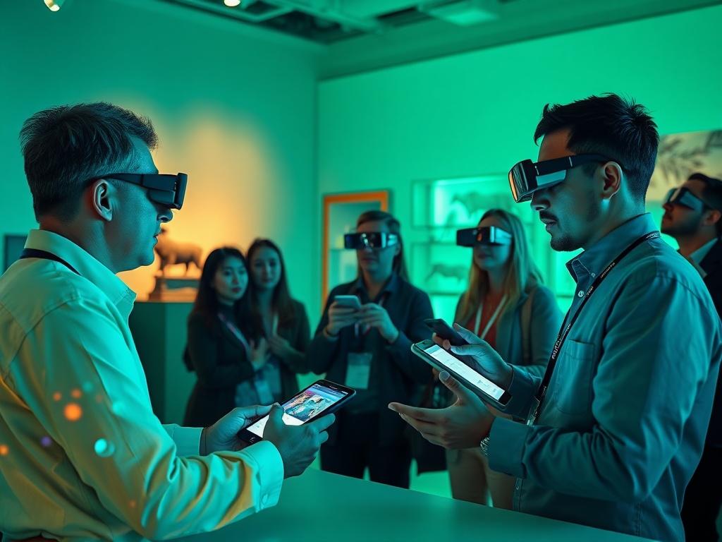 An engaging workshop environment where tour guides are learning and practicing the implementation of AR technology in tours. Participants are seen using smart glasses and mobile devices, surrounded by vibrant visuals and cultural artifacts. The atmosphere is collaborative and innovative, with guides sharing ideas and experiences, highlighting the blend of technology and cultural richness.