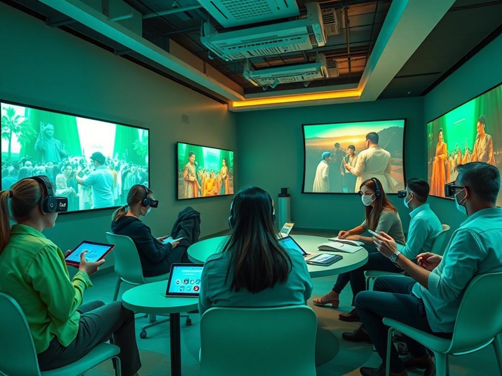 A dynamic workshop setting where tour guides are brainstorming and discussing storytelling techniques while using AR devices. The room is filled with vibrant visuals and cultural imagery projected on screens, showcasing the integration of storytelling and technology. Guides are actively engaged, taking notes, and collaborating in small groups, emphasizing a creative and inspiring learning environment.
