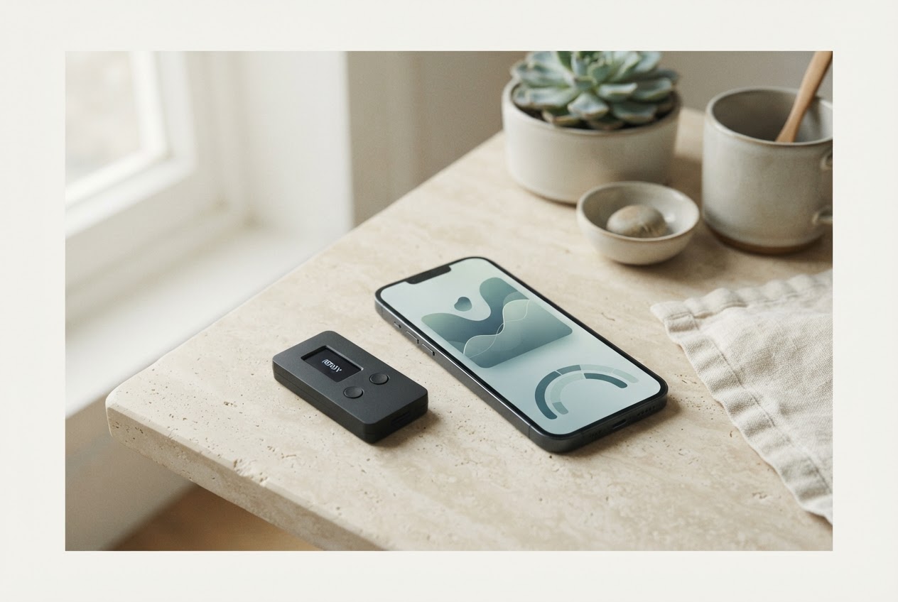 A generic hardware security wallet next to a smartphone with a neutral portfolio screen